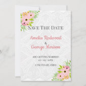 Witte kant en bloemen save the date (Voorkant)