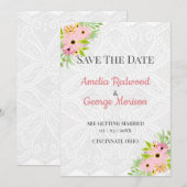 Witte kant en bloemen save the date (Voorkant / Achterkant)