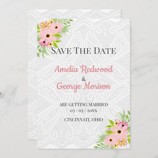 Witte kant en bloemen save the date (Voorkant / Achterkant)