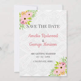 Witte kant en bloemen save the date