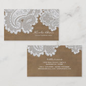 Witte kant en bruine rustieke chic elegante trouw visitekaartje (Voorkant / Achterkant)