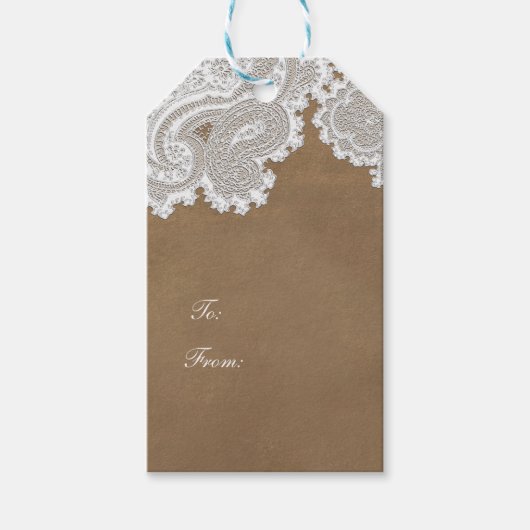 Witte kant en bruine rustieke chique elegante fees cadeaulabel (Voorkant)