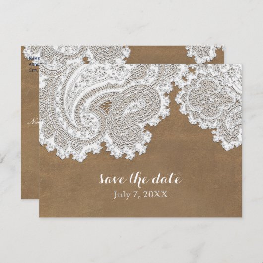 Witte kant en bruine rustieke chique elegante trou aankondigingskaart (Voorkant / Achterkant)