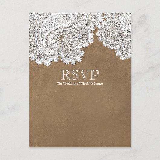 Witte kant en bruine rustieke elegante trouw-RSVP Uitnodiging Briefkaart (Voorkant)