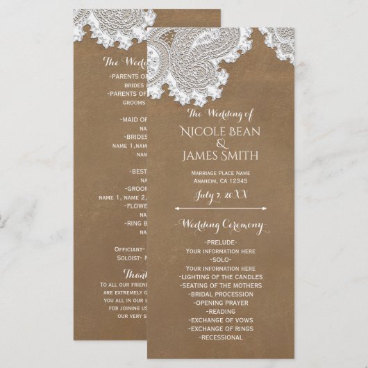Witte kant en bruine rustieke trouwprogrammarek programmakaart (Voorkant / Achterkant)