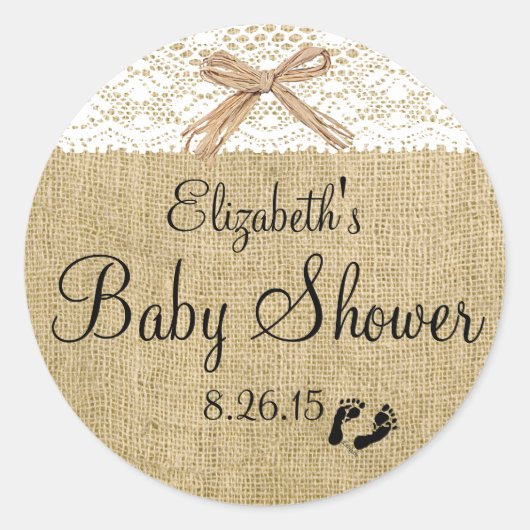 Witte Kant en Burlap Baby shower Favor Ronde Sticker (Voorkant)