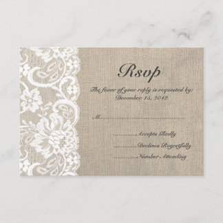 Witte kant en Burlap bruiloft RSVP Kaart