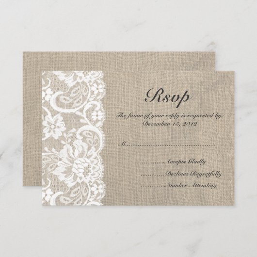 Witte kant en Burlap bruiloft RSVP Kaart (Voorkant / Achterkant)