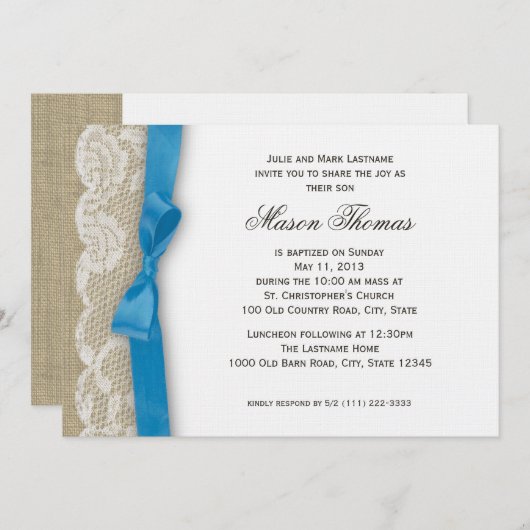 Witte kant en Burlap doop Kaart (Voorkant / Achterkant)