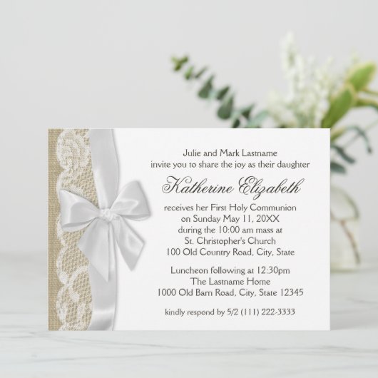 Witte kant en Burlap Eerste Communie Kaart (Staand voorkant)