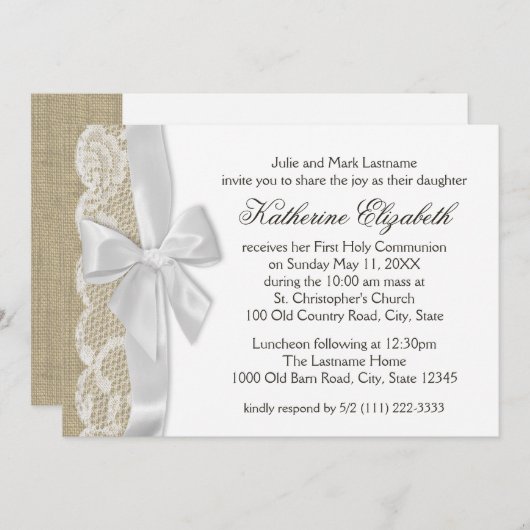 Witte kant en Burlap Eerste Communie Kaart (Voorkant / Achterkant)