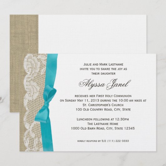 Witte kant en Burlap Eerste Communie Kaart (Voorkant / Achterkant)