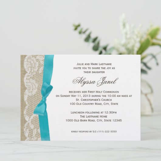 Witte kant en Burlap Eerste Communie Kaart (Staand voorkant)