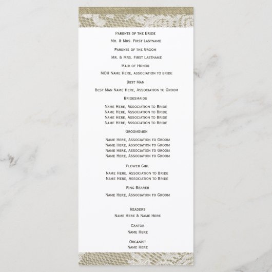Witte Kant en Burlap huwelijksprogramma Programmakaart (Achterkant)