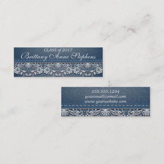 Witte kant en Denim Afstuderen invoegen Contactkaartje (Voorkant / Achterkant)