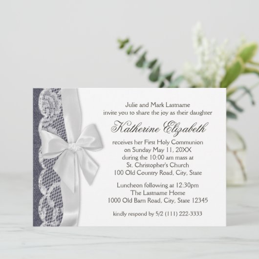 Witte kant en denim eerste communie kaart (Staand voorkant)