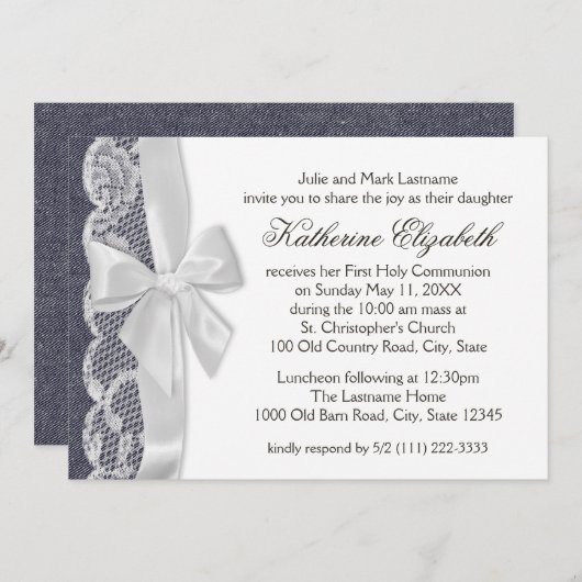 Witte kant en denim eerste communie kaart (Voorkant / Achterkant)