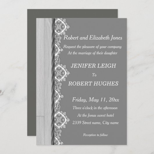 Witte kant en grijze rustieke houten bruiloft kaart (Voorkant / Achterkant)