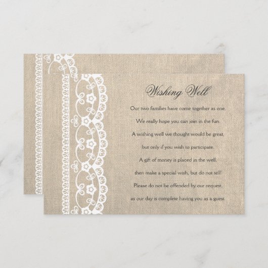 Witte kant-en-klare bruiloftswenskaart met jute za informatiekaartje (Voorkant / Achterkant)