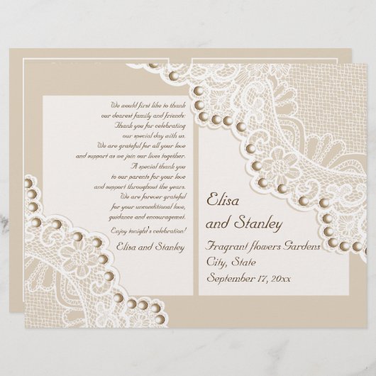 Witte kant en parels beige gevouwen trouwprogramma (Voorkant / Achterkant)