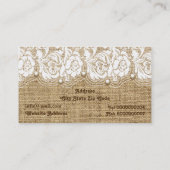 Witte kant en parels op linnen gekleurde jute visitekaartje (Achterkant)