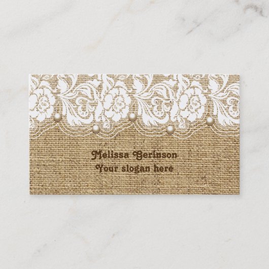Witte kant en parels op linnen gekleurde jute visitekaartje (Voorkant)