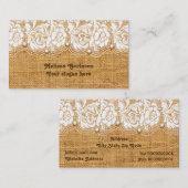 Witte kant en parels op oranje burlap visitekaartje (Voorkant / Achterkant)