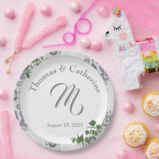 Witte kant en Roos bladeren Bord papier (Feest)