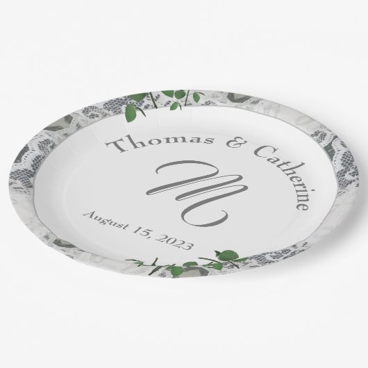 Witte kant en Roos bladeren Bord papier (Gekanteld)