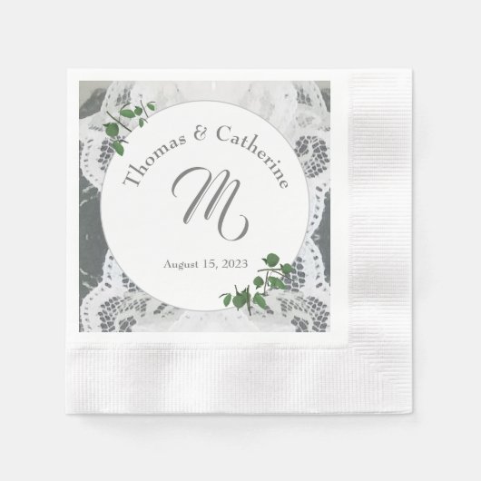 Witte kant en Roos bladeren Bord papier Servet (Voorkant)