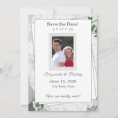 Witte Kant en Roos bladeren Bruiloft Save the Date (Voorkant)