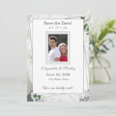 Witte Kant en Roos bladeren Bruiloft Save the Date (Staand voorkant)