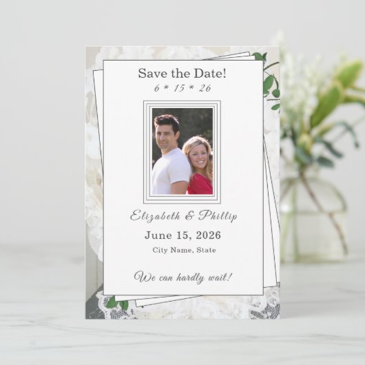 Witte Kant en Roos bladeren Bruiloft Save the Date (Staand voorkant)