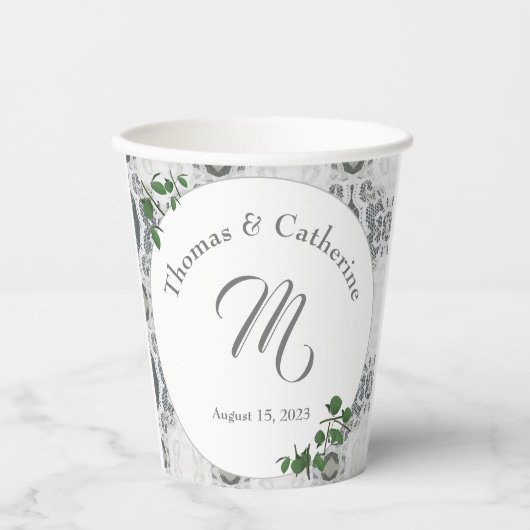 Witte kant en Roos bladeren Papieren Bekers (Voorkant)