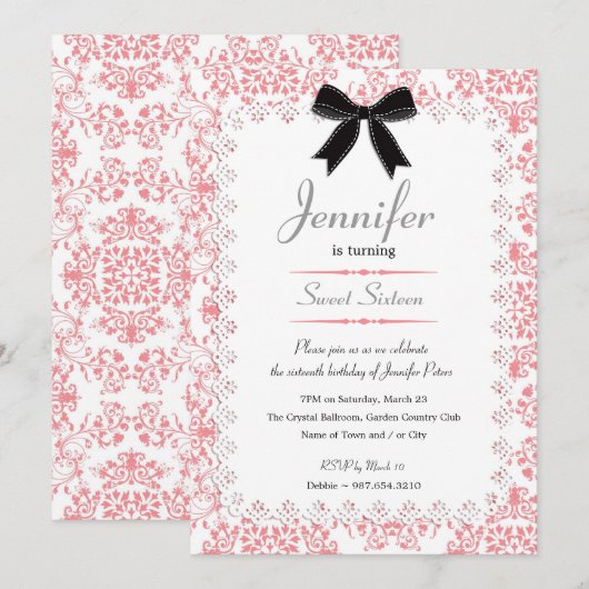 Witte kant en roze Damask Sweet 16 5x7 Kaart (Voorkant / Achterkant)