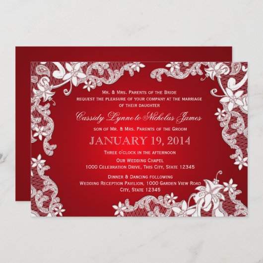 Witte kant en Ruby bruiloft Kaart (Voorkant / Achterkant)