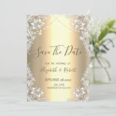 Witte kant en slingerlichtjes op gouden achtergron save the date (Staand voorkant)