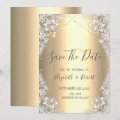 Witte kant en slingerlichtjes op gouden achtergron save the date (Voorkant / Achterkant)