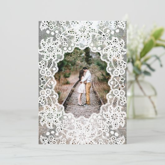  witte kant foto bruiloft uitnodigingen (Staand voorkant)