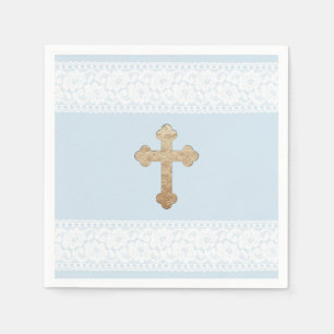 Witte kant Gouden Kruis Baby Blauw Religieus Papie Servetten
