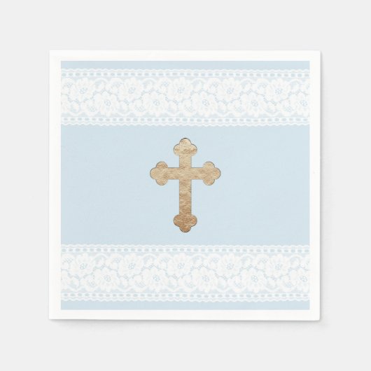 Witte kant Gouden Kruis Baby Blauw Religieus Papie Servetten (Voorkant)