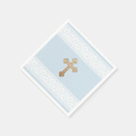 Witte kant Gouden Kruis Baby Blauw Religieus Papie Servetten (Hoek)