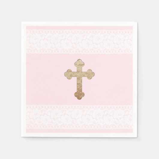 Witte kant Gouden Kruis Roze Religieus Papier Servet (Voorkant)