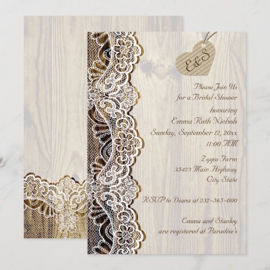 Witte kant & hart op houten bruiloft vrijgezellenf kaart