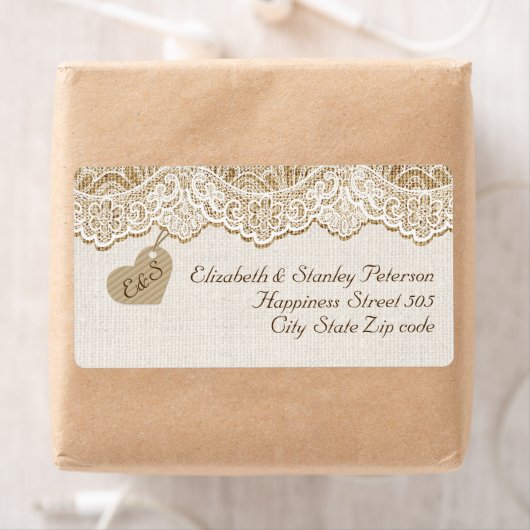 Witte kant & hart op jute bruiloft etiket (Insitu)