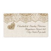 Witte kant & hart op jute bruiloft etiket (Voorkant)