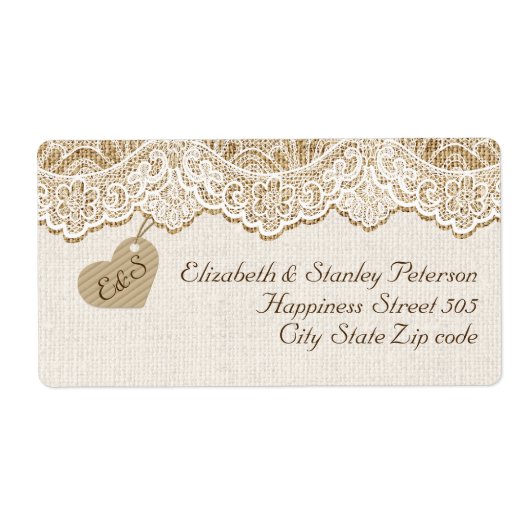 Witte kant & hart op jute bruiloft etiket (Voorkant)