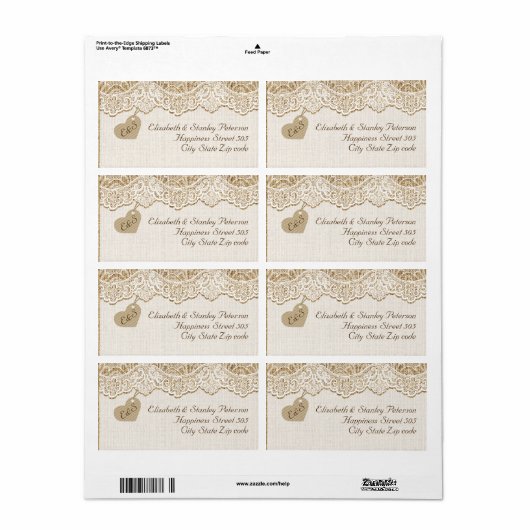 Witte kant & hart op jute bruiloft etiket (Full Sheet)