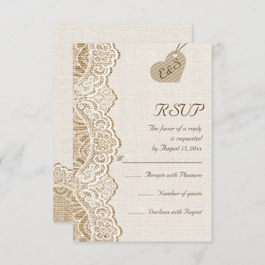 Witte kant & hart op jute bruiloft RSVP (Voorkant / Achterkant)