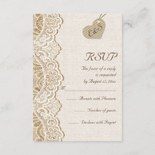 Witte kant & hart op jute bruiloft RSVP Kaartje